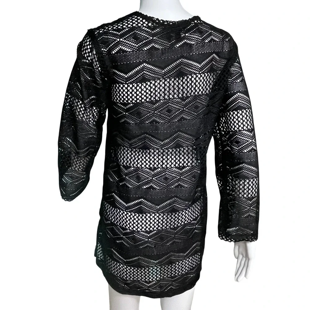 Black Crochet Knit V-Neck Swim Beach Cover Up Resortwear Dress Bell Sleeve - Picture 7 of 10